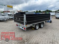 HUMBAUR HTK 3500.37 STAHL I 363 x 185 I 3500 KG I Dreiseitenkipper mit E-Pumpe - Rampenschacht  mit  Stahlbordwand SCHWARZ Aufsatzwände Stahl SCHWARZ