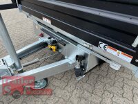 HUMBAUR HTK 3500.37 STAHL I 363 x 185 I 3500 KG I Dreiseitenkipper mit E-Pumpe - Rampenschacht  mit  Stahlbordwand SCHWARZ Aufsatzwände Stahl SCHWARZ