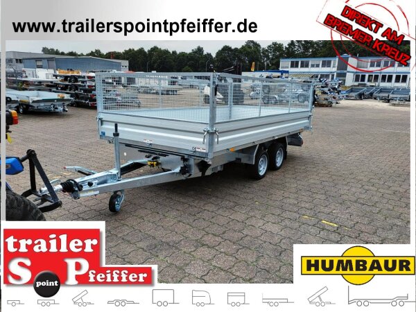 HUMBAUR HTK 3500.41 I 410 x 210 I 3500 KG I Dreiseitenkipper mit E-Pumpe - Rampenschacht  mit ORIGINAL Stahlgitter 60 cm