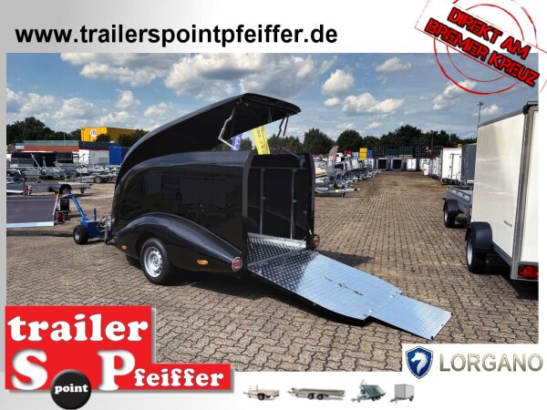 LORGANO Aero T - GfK Anhänger 1000 kg gebremst schwarz 3280 x 1335 x 1580 geschlossener Motorradanhänger Auffahrrampe abschließbar -Alu Boden - 100 km/h