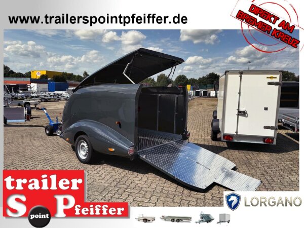 ABVERKAUF / LORGANO Aero G - GfK Anhänger 1800 kg gebremst anthrazit 3280 x 1820 x 1580 geschlossener 2 er Motorradanhänger Auffahrrampe abschließbar -Alu Boden - 100 km/h