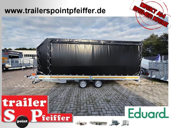 EDUARD 5022 -GD- Hochlader, Auffahrschienen & Winde, extra Bodenunterstützung, Bordwände 30cm -3000kg- Lfh: 63cm -195/50R13 mit Hochplane SP-Line Schiebeplane links - ÖKO Schräge - Rollo - Mittelrunge