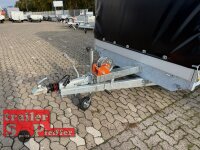 EDUARD 5022 -GD- Hochlader, Auffahrschienen & Winde, extra Bodenunterstützung, Bordwände 30cm -3000kg- Lfh: 63cm -195/50R13 mit Hochplane SP-Line Schiebeplane links - ÖKO Schräge - Rollo - Mittelrunge