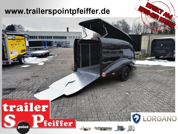 ABVERKAUF /  LORGANO Aero T - GfK Anhänger 1000 kg gebremst schwarz 3280 x 1335 x 1580 geschlossener Motorradanhänger Auffahrrampe abschließbar -Alu Boden - 100 km/h