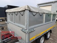 EDUARD 2615 -GD- Heckkipper, Auffahrrampen, Stützen, Bordwände 30cm -2500kg- H-Pumpe - Lfh: 72cm -165R13 mit Stahl - Kastenaufsatz (NB)  Flachplane und Staukiste