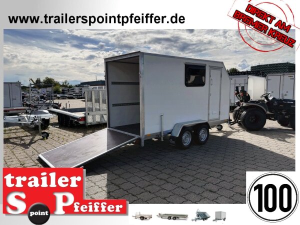 BLYSS Kofferanhänger mit Rampe F2736HTD/HK, AERO 353x150x180cm - Seitentür + Fenster - 100 KM/H - Zurrleisten - Heckstützen