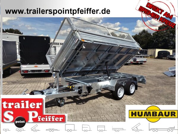 HUMBAUR HTK 3500.37 PROSTEEL I 362 x 184 I 3500 KG I Dreiseitenkipper mit E-Pumpe - Rampenschacht mit Fuhrmann Stahl Bordwand mit Original Stahlgitteraufsatz  - 600 mm