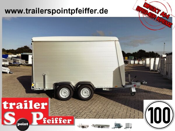 BLYSS ALU Kofferanhänger FL2736HTC ALU - 360x160x180cm - 100 KM/H - Tür/Rampe Kombination - Stützen - POLY Bug und Haube
