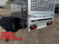 AKTION /  Brenderup 1205 SUB 750 " Der neue Kippi " - ABKLAPPBARE ZUGDEICHSEL / VERTIKAL ABSTELLEN mit LAUBGITTERAUFSATZ 50 CM - Stützrad + Stützen