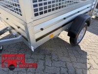 AKTION /  Brenderup 1205 SUB 750 " Der neue Kippi " - ABKLAPPBARE ZUGDEICHSEL / VERTIKAL ABSTELLEN mit LAUBGITTERAUFSATZ 50 CM - Stützrad + Stützen