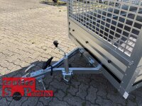 AKTION /  Brenderup 1205 SUB 750 " Der neue Kippi " - ABKLAPPBARE ZUGDEICHSEL / VERTIKAL ABSTELLEN mit LAUBGITTERAUFSATZ 50 CM - Stützrad + Stützen