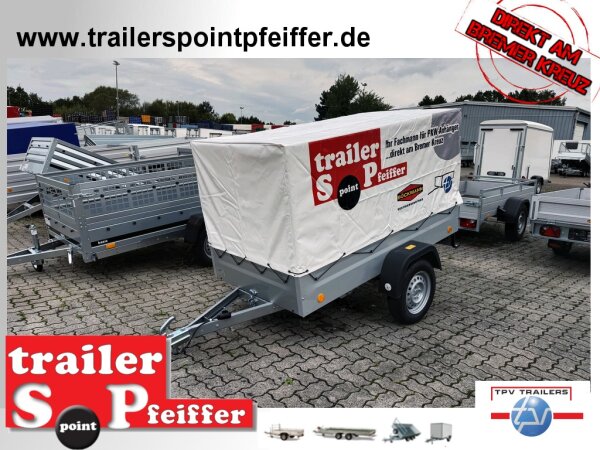 B-Ware / TPV KD-EU2 Anhänger mit ORIGINAL Stahl Gestell und Werbeplane 115 cm (SB) - Stützrad - ungebremst - 13 pol. - Zurrösen - 100 KM/H