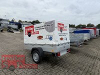 B-Ware / TPV KD-EU2 Anhänger mit ORIGINAL Stahl Gestell und Werbeplane 115 cm (SB) - Stützrad - ungebremst - 13 pol. - Zurrösen - 100 KM/H